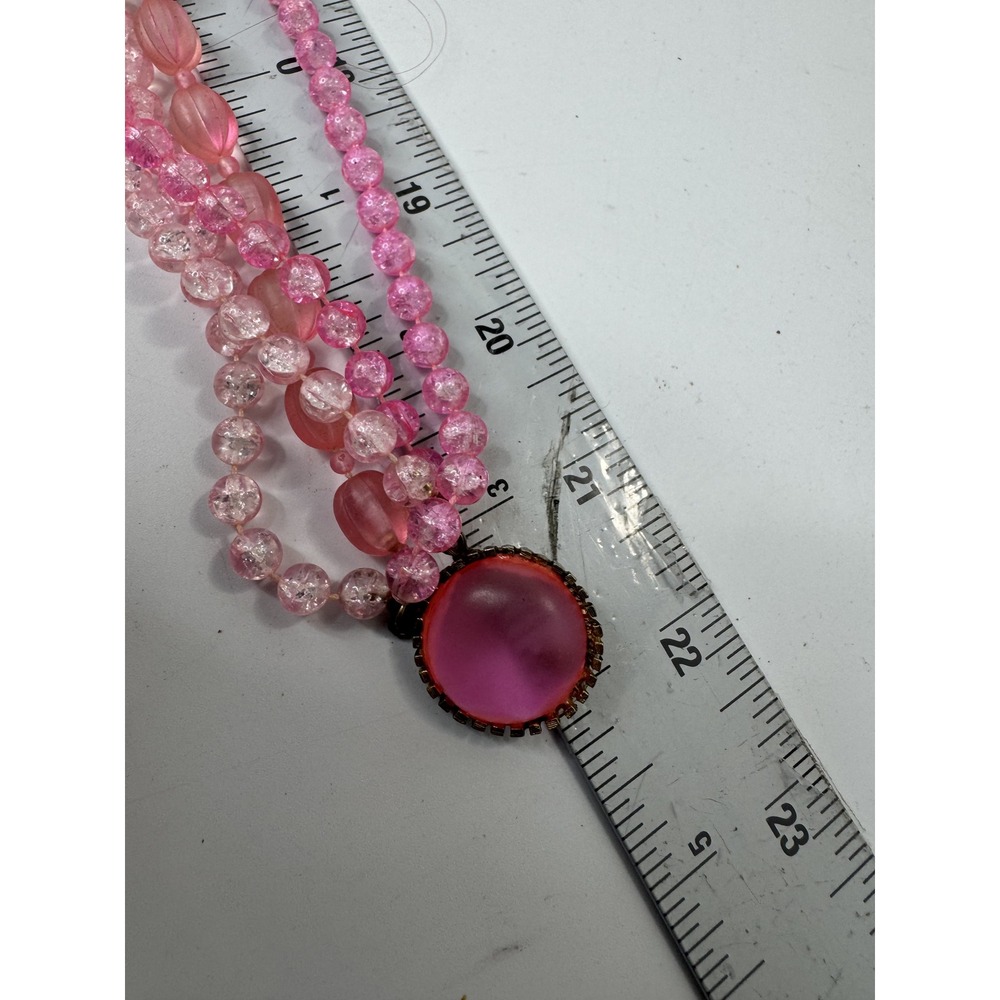 Vintage Pink Multi Strand Beaded Necklace Cabochon Clasp Statement Jewelry - Picture 4 of 4